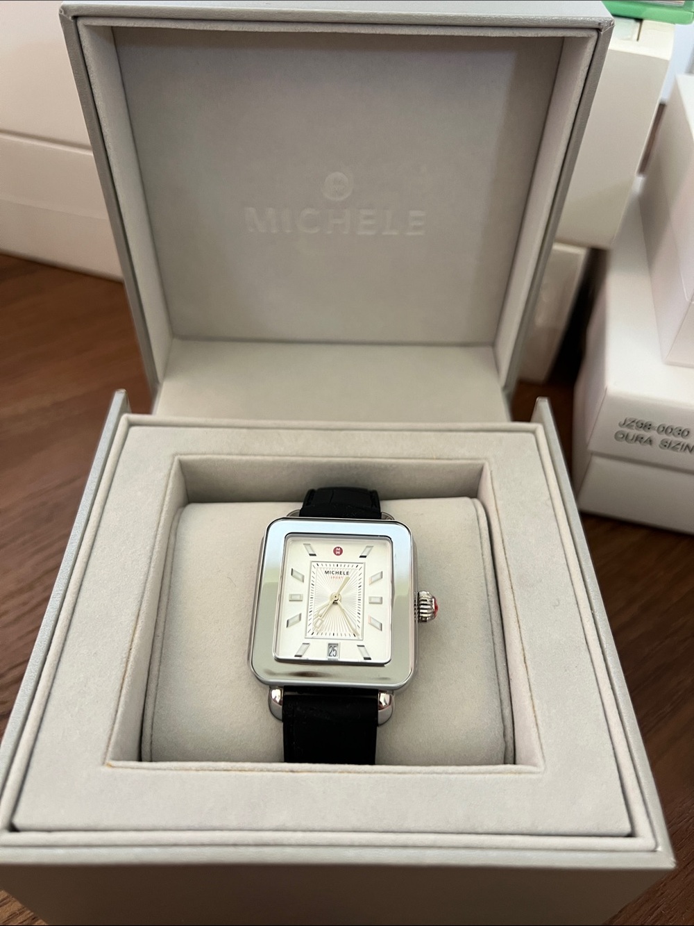 Michele Silver Square Case Watch with Black Strap